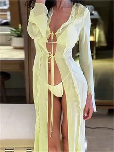 Женское прозрачное сетчатое длинное платье с длинным рукавом и v-образным вырезом, кардиган с завязками, платье с разрезом, женское летнее пляжное сексуальное платье Y2K, женское 240304