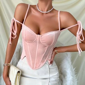Camis Pink Velor Summer Tops Söta Kawaii Y2K kläder Oregelbundet bandage Sexiga bustiers korsetter Vest Female Camisole
