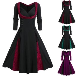 Kleid Vintage Damen Plus Size Kleid Vestidos Gothic Lace Up Langärmeliges Partykleid Damen Spitze Patchwork A-Linie Kleid Robe 5XL