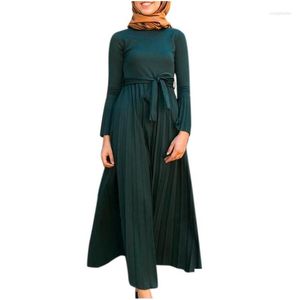 Roupas étnicas Oriente Médio Malásia Plissadas Mulheres Vestido Redondo Pescoço Mangas Compridas Sólidas Elegantes Dubai Muçulmanos Vestidos Modestos com Cinto D Dhiaz