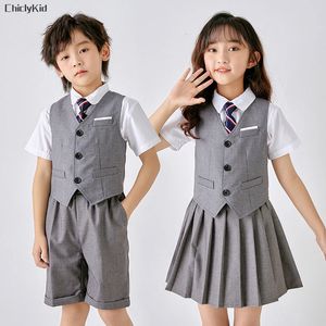 Criança verão uniforme escolar meninas colete coreano mini saias roupas meninos blazer vestido formal ternos shorts crianças estudante roupas conjunto 240306