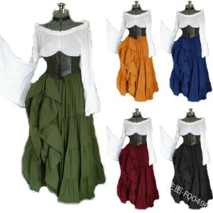 Dress Women Fashion Vintage Medieval Renaissance Maxi Dresses Flare Sleeve Dress Corset Waist Steampunk Off Shoulder Cosplay Dress