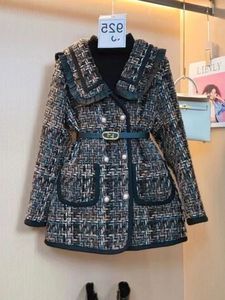 Fotvotee Куртки для женщин двубортный ремень твидовое пальто с матросским воротником модная лоскутная утолщенная тонкая верхняя одежда с длинными рукавами 240226
