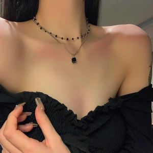 Korean Fashion Choker Necklace for Women Double Layer Beads 14K White Gold Necklace Geometric Black Diamond Clavicular Chain Necklace Jewelry