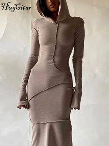 ハガタール長袖フード付きパッチワークスキニーマキシドレス秋の女性ファッションストリートウェアカジュアル衣装240307