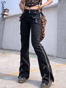 Kleider Süßwarenrivet Goth Black Jeans dunkle akademische Mädchen Techwear Seite Reißverschluss Low Taille Straight Jeanshose Frauen Streetwear