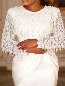 Dress Women White Dresses Formal Long Sleeve Crew Neck Tassels Lace Stitching Midi Dress Evening Gown Spring 2023 Vestido Feminino