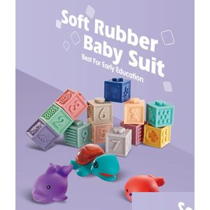 Blockerar spädbarnsgummibad Sile Building 0-3 år mjuk stapling 3D-djur Touch Cube tänder handdroppe leverans dhx8j