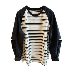 Långärmad pullovers trycker lapptäcke randig mode lös casual tshirts Young Style Streetwear Womens Clothing 2023 240220