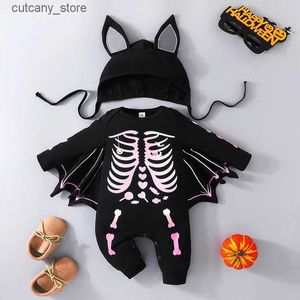 Macacões Halloween 0-2Y Baby Bat Macacão Infantil Meninos Meninas Esqueleto Imprimir Manga Longa Bodysuit com Chapéu Macacões Recém-nascidos Traje L240307