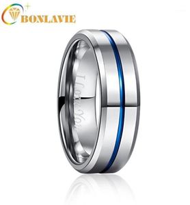 Alyans Bonlavie 8mm genişlik Tungsten Karbür Yüzük 23mm Kalın Çelik Renk Tam cilalı mavi oluk açılı Men039S Ring13393903