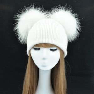 Double Real Fur Pom Pom Hat Women Winter Caps Knitted Wool Hats Skullies Beanies Girls Female Natural Two Fur PomPom Beanie Hat D12068