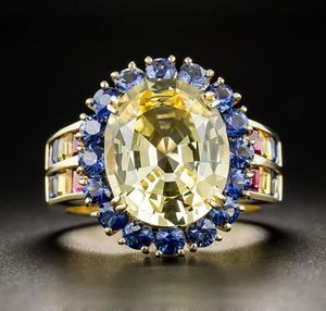 Cluster Rings Bamos Yellow Blue Zircon Antique Ring Luxury Oval Engagement Wedding For Women Vintage Gold Color Jewelry Gift8494750