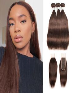 Chocolate Brown Hair Weave Bundles With Closure 4 Malaysian Straight Remy Human Hair extensions 3 or 4 Bundles with 2x6 Lace Clos4201243