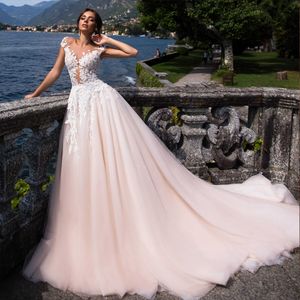 Shiny colorful tulle Illusion Scoop A-Line Wedding Dress Simple Appliques Lace Bridal Gowns Illusion Back With Button can be customized