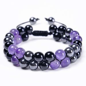 8mm Natural Amethyst Double Layer with Adjustable Black Magnet Beaded Bracelet for Men and Women