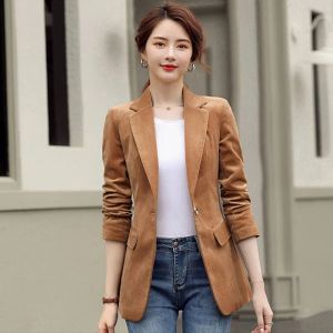 Blazers New Spring Fashion Women Midnight granatowe szczupły Cord Blazer Office Lady Single Button Check Kurtka