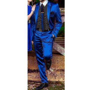 Abiti Moda Royal Blue Satin Abiti da uomo Set Chic Prom Cena Party Wedding Tuxedo Slim Fit Abiti da sposo Custom Shiny Blazer Pants