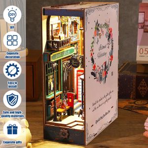 DIY Book Corner Kit 3D Trä stavhylla insats med sensor Lätt miniatyrdocka husmodell Creative Decorative Bookend 240223