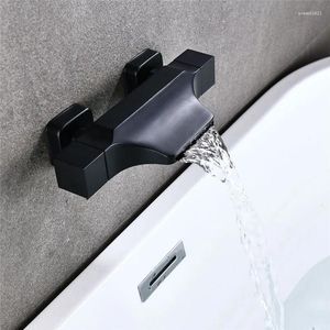 Badezimmer-Waschbeckenarmaturen, Badewanne, Wasserfall, Badewannen-Wasserhahn-Stil, Weiß/Schwarz/Gold, Messing, Doppelgriffe, Steuerung an der Wand montierter Mischbatterie