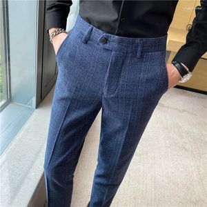 Men's Suits Chic Coffee Blue Grey Pants Men Elegant Slim Fit Plaid Suit Trousers For Office Party Mens Dress