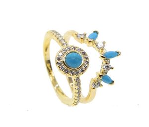 Wedding Rings Gold Fashion Lovely Jewelry Women Engagement Set Pave White Cz Blue Turquoises Stone Trendy Full Finger Gift Party7539784