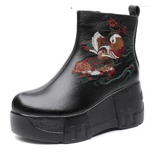 Boots Fujin 7cm Flower ZIP Women Winter Ankle Booties Shoes Ethnic Plush Genuine Leather Platform Wedge Chunky Sneaker Embroider