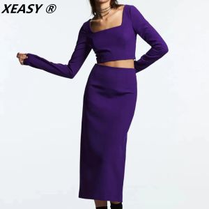 Dresses Xeasy Women Suit Two Piece Set Women Skirt Square Collar Cropped Top Purple Long Skirt and Top Sets Vintage Women Casual Suits
