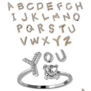 Band Rings Fashion 26 Inledande bokstäver Justerbara ringar för kvinnor Crystal English Alphabet Gold Sier Ring Smyckesgåva Drop Delivery J DH2VY