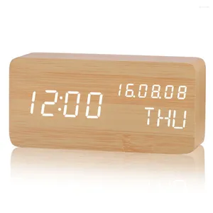 Bordklockor Desktop Alarm Clock Creative Wood USB Plug-In Multifunktion Mute Electronic With Date Temperatur Home Decoration