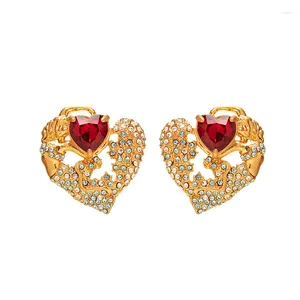 Stud Earrings Fraya Heart Shaped Leaves Red Diamonds 925 Sterling Silver Pin 18K Gold Plated Trendy Lovely Fine Jewelry