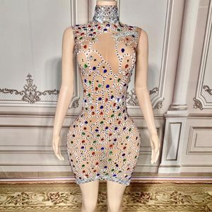 Stage Wear Sparkly Rhinestones Short Dress For Women Sexy Mesh Transparent Celebrate Birthday Po Shoot Costume