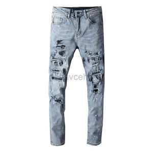Mäns jeans high street mode män jeans retro blå smal fit smutsig tvättad färg designer rippade jeans män lapptäcke förstörde hiphop 240308