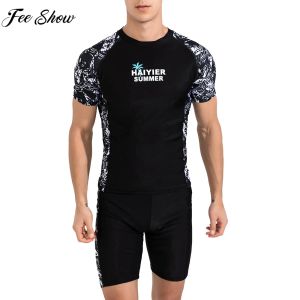 Swimwear Mens Swimsuit Rash Guards Wetsuit Short Sleeve Print Tshirt Top with Shorts Sports Set Swimwear Surfing Pool Beach Bathing Suit