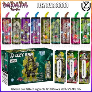 Original UZY Bar 8000 Puffs Vape Descartável Bobina de Malha Recarregável E-cigarros Puff 8k 18ml Carrinhos Pré-cheios 0% 2% 3% 5% 10 Sabores