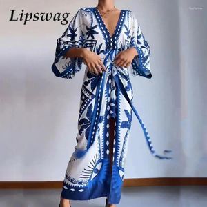 Party Dresses Casual Half-Sleeved Bohemian Dress Sexy Women's V-Neck Printed Long Fashion Splicing Lace-Up A-Word Vacation