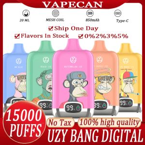 Bang 15000 sbuffi Bang Box Display digitale 15K Caricatore monouso di tipo C Vape 850mAh bangbox puff Batteria Baccelli preriempiti da 20 ml Carrelli 0% 2% 3% 5% Kit vaporizzatore a 12 colori