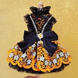 Cão vestuário abóbora halloween pet roupas vestidos de festa fino luxo preto lantejoulas arco artesanal vestido de princesa para pequeno médio