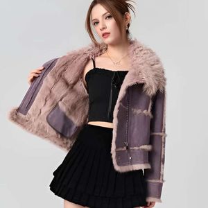 2024NEW Spring Women Retro Short Faux Leather Fur Coat Coating Moto Moto Zipper Sheepesk Sheep stack