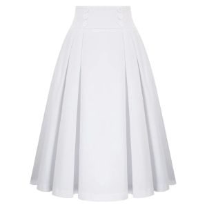 Dresses Women Vintage Skirt High Waist Buttons Decorated Flared Aline Skirt White Knee Length School Youth Girl Lady Pleated Skirts New