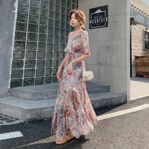 Dress Floral Print Chiffon Long Dresses Women's Fashion New Summer VNeck Elegant Luxury Party Vestidos Lotus Leaf Sleeve Dress Female