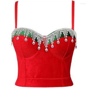 Kadın Tankları Elmas Boncuklar 2024 Noel Push Up Bra Night Club Bralette Yelek Kırmızı Kırpılmış Top Corset Party Rinestone Sinkisi