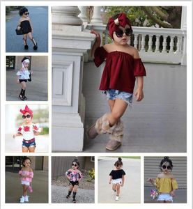 Sommar baby barn flickor kläder 3d blommor tryck ärmlös ruffle rund nacke pullover tshirts denim hål byxor flickor kläder set1843641