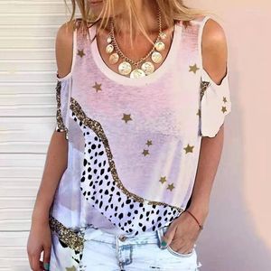 Kvinnors blusar Runda hals Loose Pullover Leopard Print sömmar Top Axeless Summer Sexig T-shirt Kvinnlig kortärm oregelbunden dam