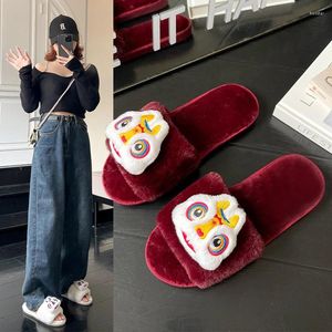 Slippers Indoor Cartoon Female National Style Red Lion Awakening Cotton Winter Festive Flat Bottomed Plush Household