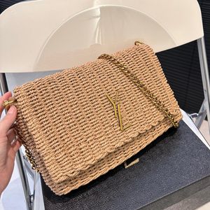 Raffia-Handtasche für Damen, Designer-Umhängetasche, luxuriöse gewebte Stroh-Kamera-Geldbörse, Gras-Y-Handtaschen, Sommer-Strand-Umhängetaschen mit Klappe
