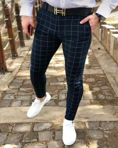 Spodnie Nowy biznes mody w kratę w paski męskie szczupłe spodnie swobodne chude dopasowane spodnie ołówkowe spodnie Mid talia