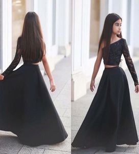 2020 novas meninas modestas vestidos de concurso duas peças um ombro contas preto sexy flor menina vestido para criança adolescentes festa barato custo2301613