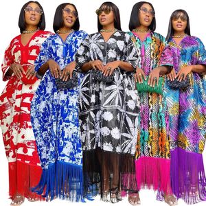 Kadınlar için Afrika Elbiseleri Püsküller Moda Boubou Dashiki Ankara Kıyafetleri Akşam Elbisesi Abayas Baskı Kaftan Robe 240226