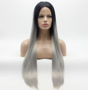 Iwona Hair Straight Extra Long Dark Root Grey Ombre Wig 2210906 Halb handgebundene hitzebeständige synthetische Lace-Front-Perücken7126417